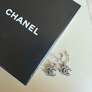 Chanel Vintage Black Resin CC Logo and Rhinestone Huggie Earrings